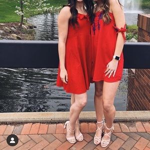 Red Spaghetti strap, bow front dress